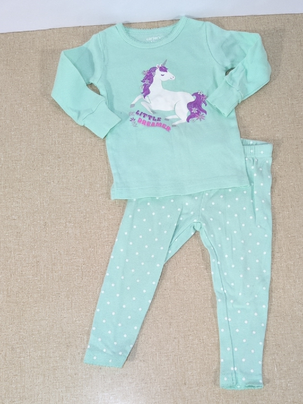 Unicorn 'Little Dreamer' Mint Kids Pajama Set Polka Dot 12m